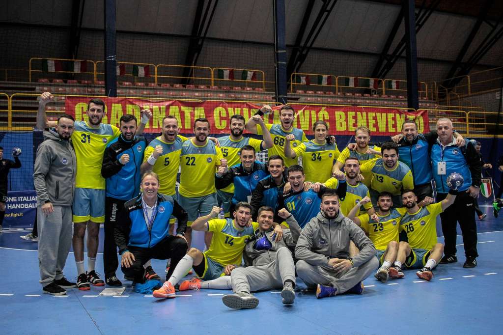 Kosovo national handball team celebrate after victory with Georgia